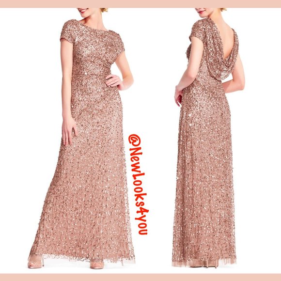 NWT $299 Adrianna Papell Sequin‎ Cowl Back Gown in Rose Gold [PETITE 2P ] - Picture 4 of 10